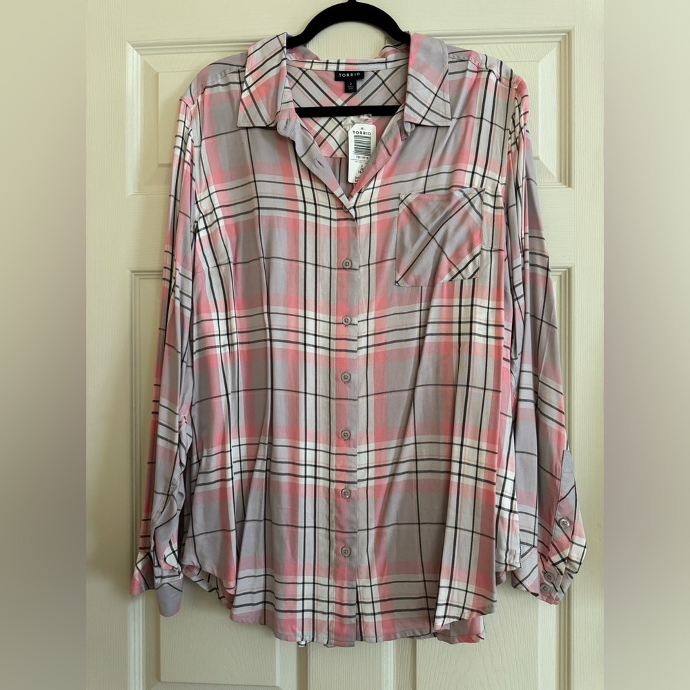 Torrid Grey Pink Plaid Long Sleeve Button Down